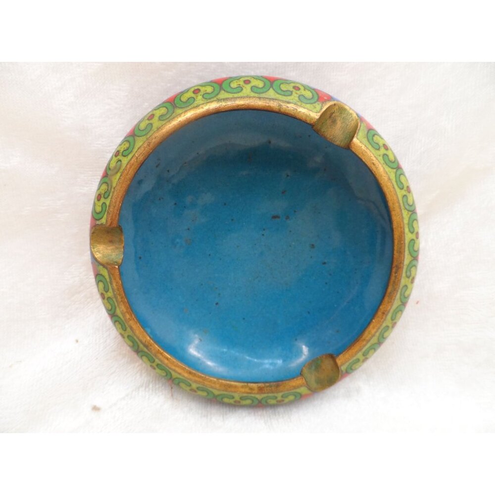 Vintage Chinese Cloisonné Enamel Round Ashtray Blue Floral Trinket Dish 3.5” - Picture 3 of 13